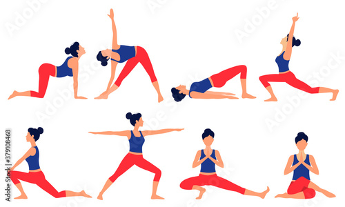 Various yoga poses set. Female yoga vector illustration. Healthy lifestyle.
