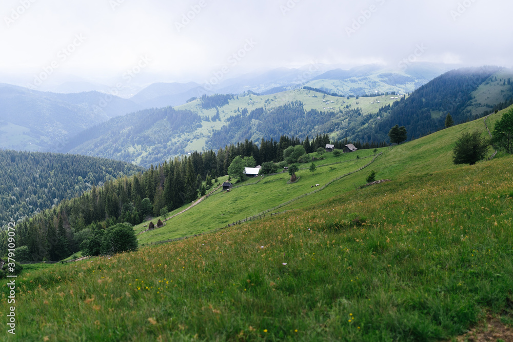 Mountains with green grass and house with the white haze