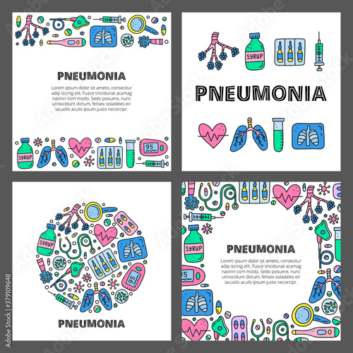 Set of cards with lettering and doodle colored pneumonia icons including alveoli, lungs, x-ray, cough syrup, heart, icu ventilator, pulse oximeter, vaccine ampoules, etc isolated on grey background.