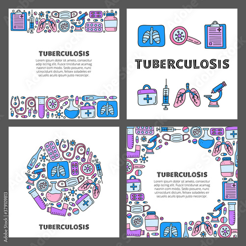 Set of cards with lettering and doodle colored tuberculosis items, including lungs x-ray, medical mask, microscope, thermometer, syringe, loupe, bacteria, pocket inhaler isolated on grey background.
