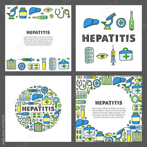 Set of cards with lettering and doodle colored hepatitis medical icons including liver, microscope, syringe, test tube, eye, first aid kit, stethoscope loupe, virus isolated on white background.