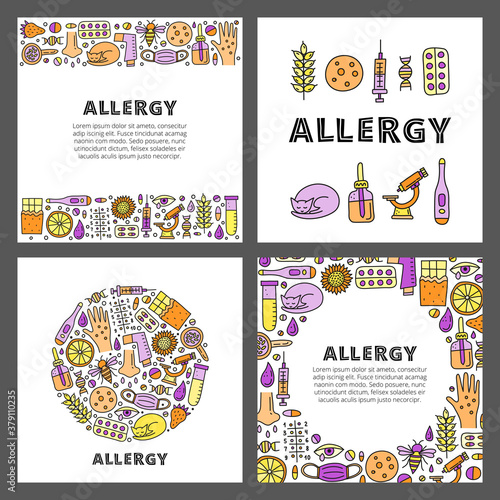 Set of cards with lettering and doodle colored allergy icons including skin rash, runny eye, mask, cat, honey bee, microscope, dnk, pipette bottle, syringe, etc isolated on grey background.