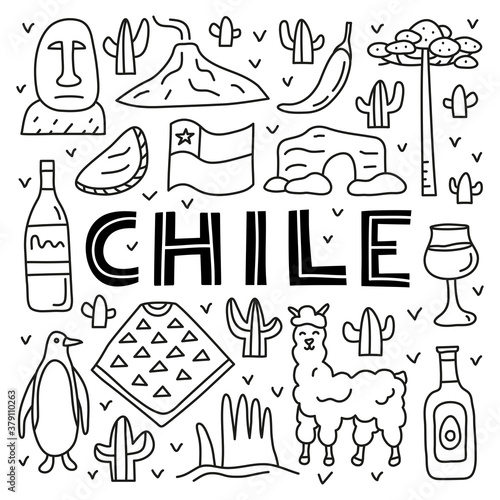 Poster with lettering and doodle outline Chile icons including Easter island statue, Villarrica volcano, araucaria tree, empanadas, penguin, poncho, alpaca, avocado oil isolated on white background.