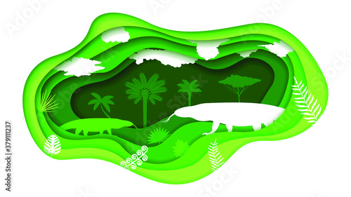 Eco Green Paper Cut Background Vector Nature Animal Clouds Village With Varan Lizard