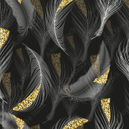 Vector black  and gold feathers collection, set of different falling fluffy twirled feathers on a white background.