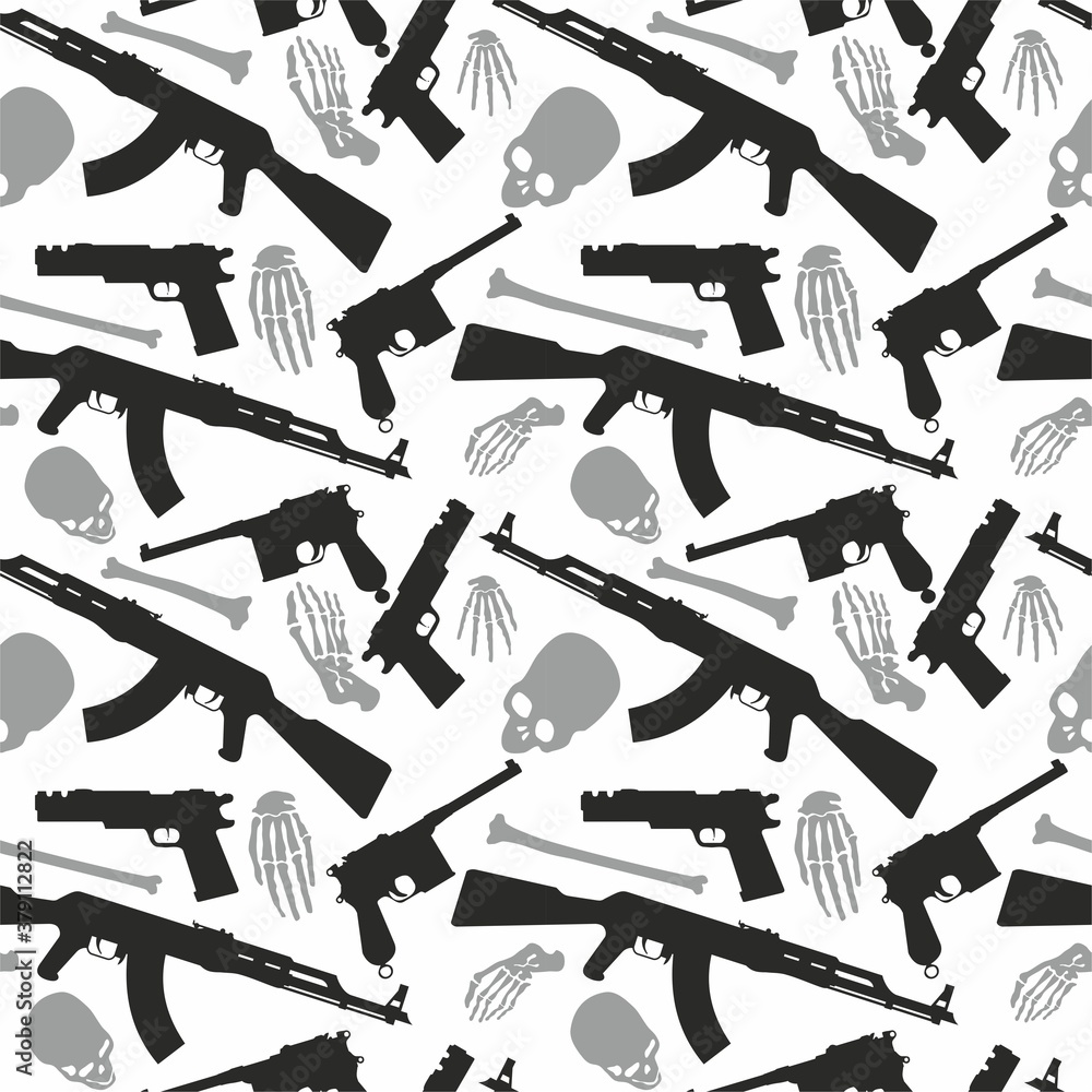 Skull, bones and machine gun, Seamless pattern with image a skull and weapons, Day of The Dead

