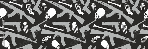 Skull, bones and machine gun, Seamless pattern with image a skull and weapons, Day of The Dead
