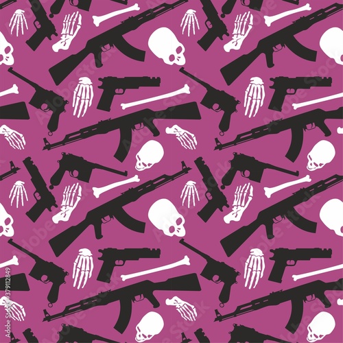 Skull, bones and machine gun, Seamless pattern with image a skull and weapons, Day of The Dead
