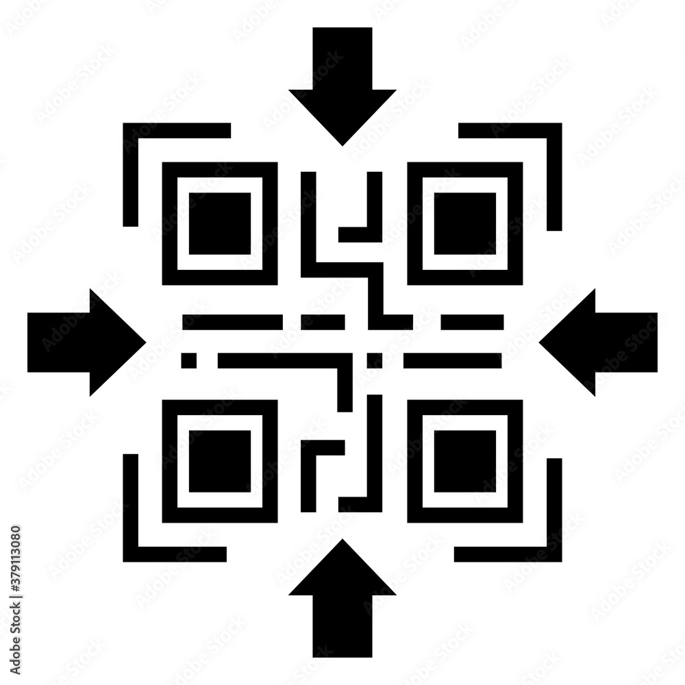 QR code vector icon with arrow. Stroke outline style. QR code for scanning smartphone isolate on white background. QR code vector icon with arrow. Stroke outline style. QR code for scanning smartphone isolate on white background.