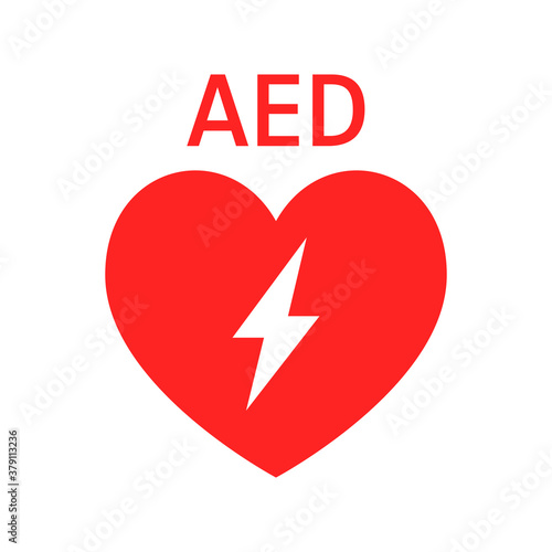 AED vector icon. Red heart with sign electricity. Sign automated external defibrillator. Vector illustration, EPS10.