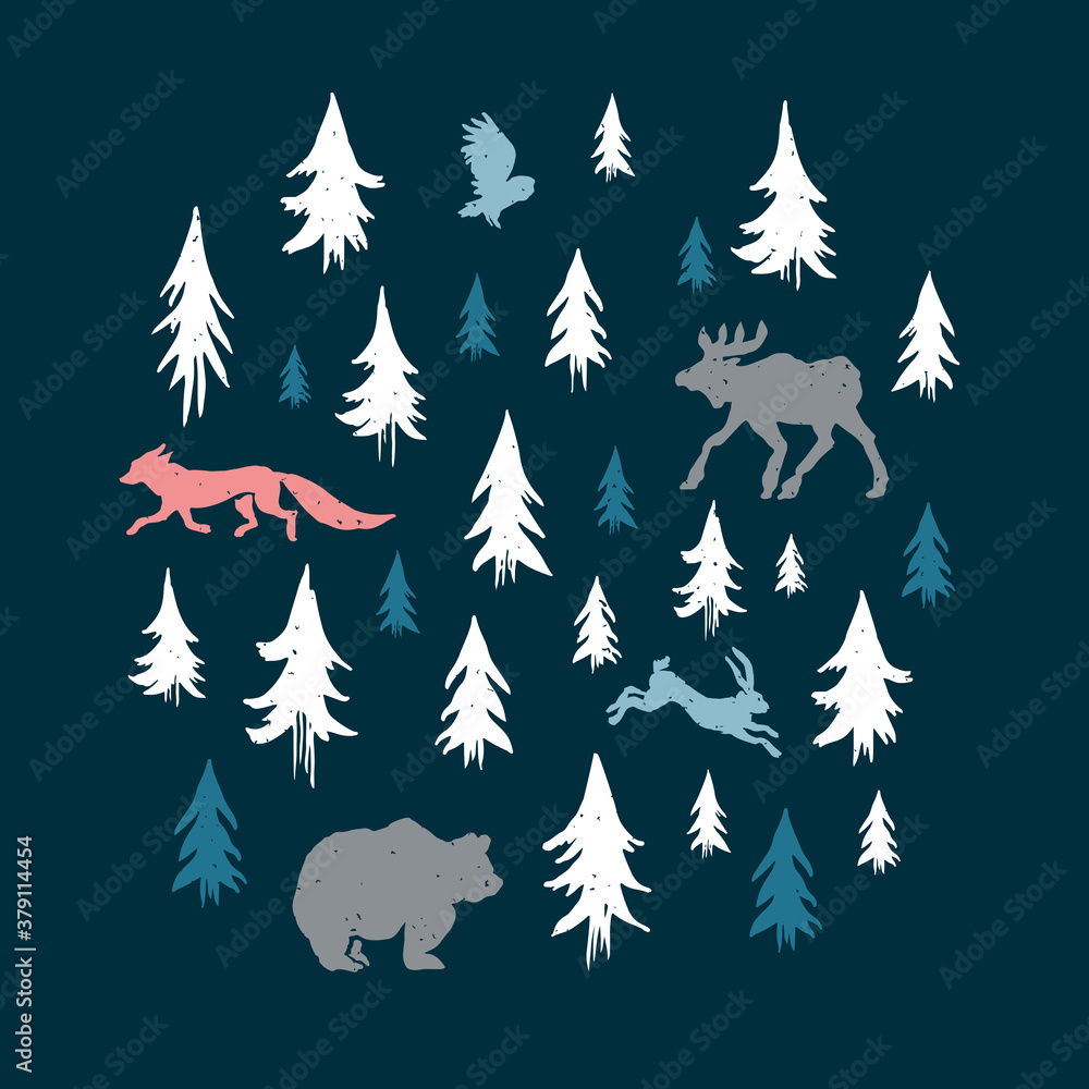 Fototapeta premium Wild animals in a pine forest design. Vector illustration
