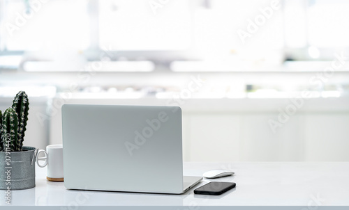simple workspace with laptop, smartphone, coffee cup and tree pot on white table.