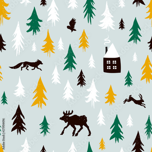Hand-drawn forest silhouettes seamless pattern with cabin and animals:elk, fox, hare, owl