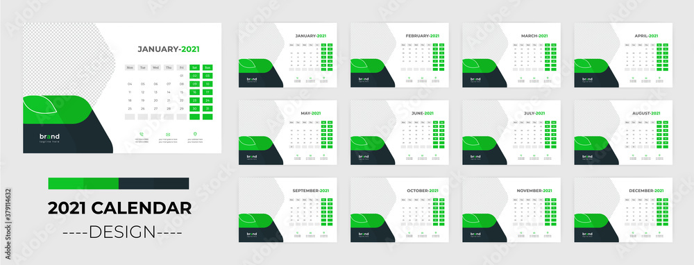 2021 Desk calendar template. Week starts on Monday. Set of 12 Month Vector design 2021 Desk calendar template. Week starts on Monday. Set of 12 Month Vector design