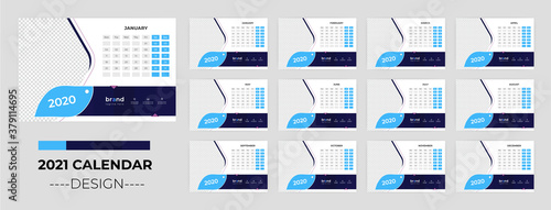 2021 Desk calendar template. Week starts on Monday. Set of 12 Month Vector design