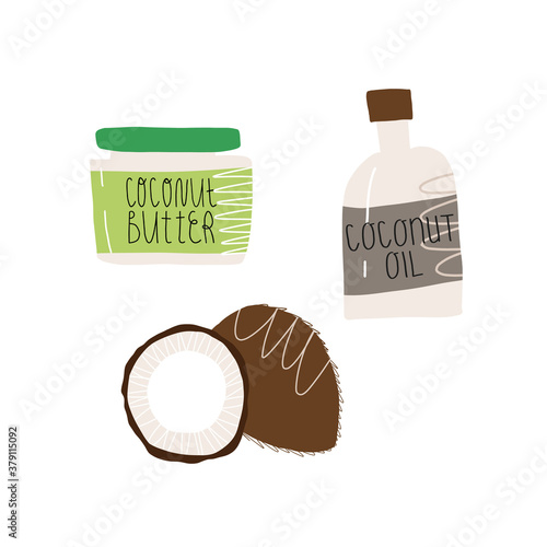 Cute hand-drawn coconut fruit and products from it like frying or cosmetic liquid oil in bottle and solid butter.