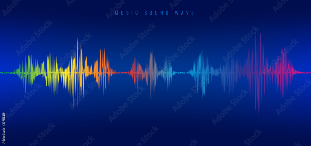 Rainbow music sound wave line equalizer on blue background.