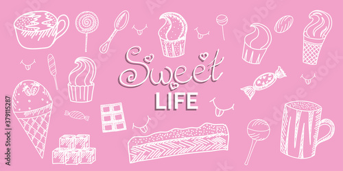 Sweets are isolated with a white outline on a colored background. A large set of various sweet food, lollipops, candy, sugar. In the center is the inscription sweet life. Vector in a hand-drawn style.