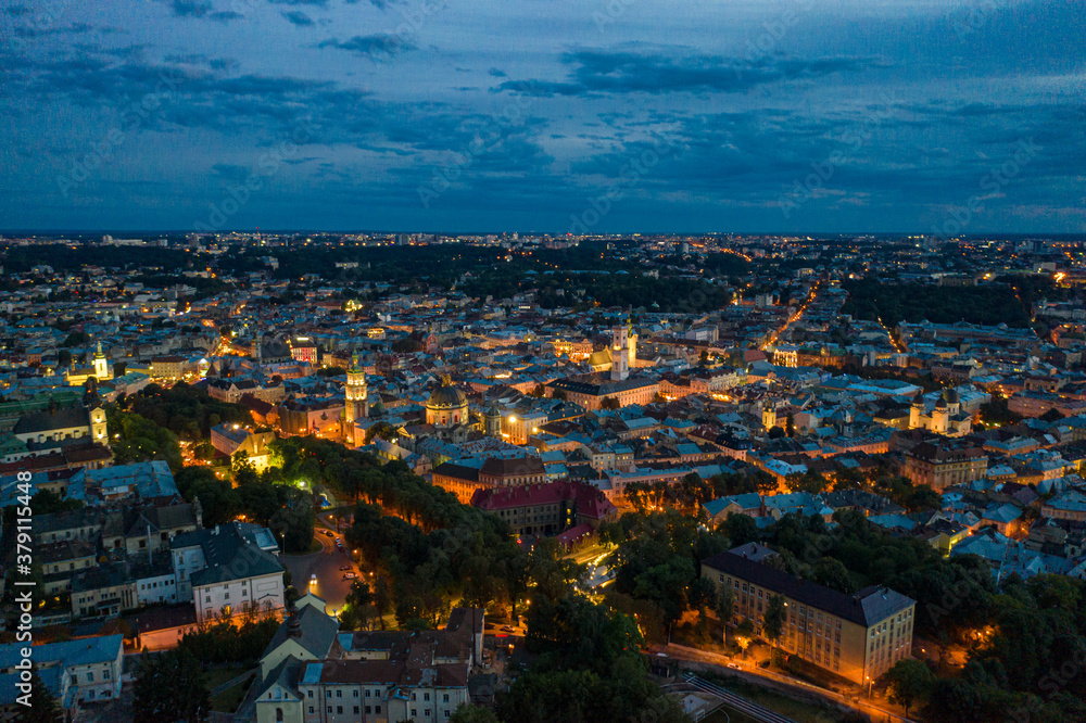 Fototapeta premium Beautiful View from Lviv High Castle at Sunset Dusk sky