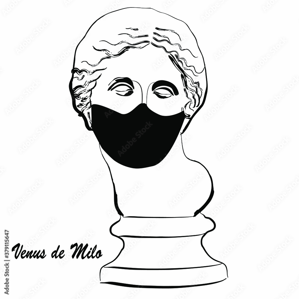 Trendy vector print with Venus statue head Miloskaya wearing face mask. Drawing of modern linear sketch portrait of goddess on white background. Sculpture of an ancient classical Greek god. Trendy vector print with Venus statue head Miloskaya wearing face mask. Drawing of modern linear sketch portrait of goddess on white background. Sculpture of an ancient classical Greek god.