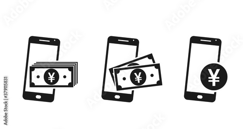 mobile phone money icon set. japanese yen banknotes on smartphone