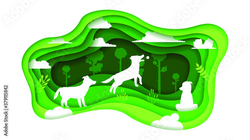 Eco Green Paper Cut Background Vector Nature Animal Clouds Forest With Dog
