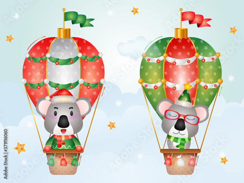 Cute koala christmas characters on hot air balloon with a santa hat, jacket and scarf