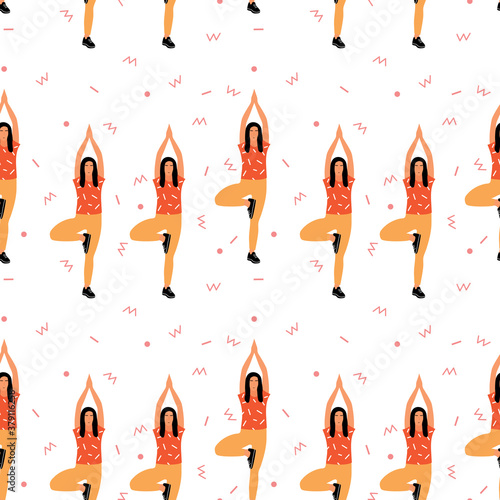 Seamless pattern with woman doing yoga at home. Illustration with pose Tree Pose, Vrikshasana.