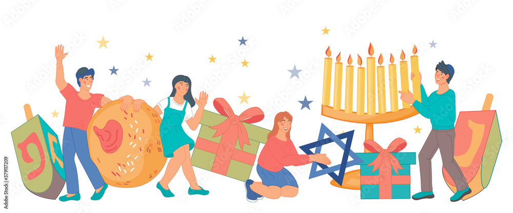 Happy children celebrating Hanukkah Jewish holiday. Tiny teens with huge symbols of Hanukkah such as candles and donuts, flat cartoon vector illustration isolated on white.