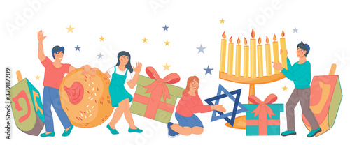 Happy children celebrating Hanukkah Jewish holiday. Tiny teens with huge symbols of Hanukkah such as candles and donuts, flat cartoon vector illustration isolated on white. © Мария Гисина