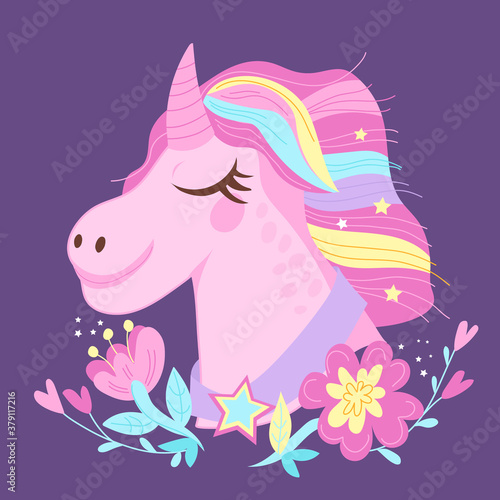 Poster or card with unicorn fancy image and flowers, flat vector illustration. Cartoon unicorn with rainbow mane in pastel tints on violet background.
