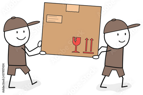 Zwei Paket Zusteller liefern ein schweres Paket aus