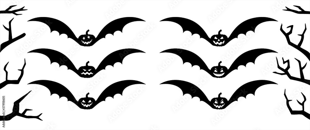 Happy halloween party. Flying bats pumpkins face. Funny flat vector ...