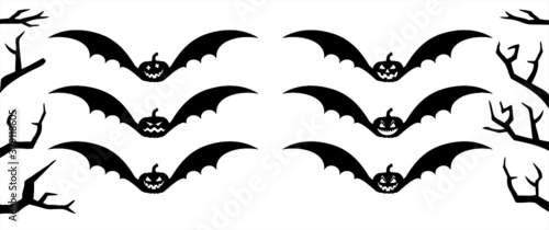 Happy halloween party. Flying bats pumpkins face. Funny flat vector signs. 31 october fest, horror. Pumpkins icons. Emotion smiley, smile, emoji emoticons faces. Creepy, Fly bat pictogram.