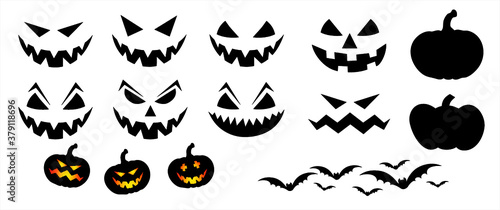 Happy halloween party Pumpkin face. Funny flat vector signs. 31 october fest, horror. Pumpkins icons. Emotion smiley, smile, emoji emoticons faces. Creepy, Fly bat pictogram.