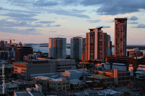 downtown city at sunset