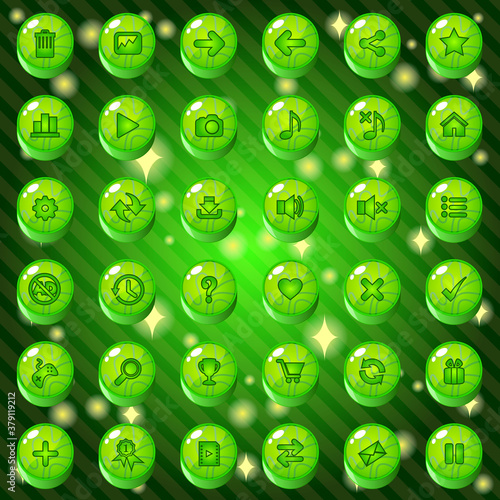 Buttons and icon set design for game or web theme is green. Premium Vector illustration.