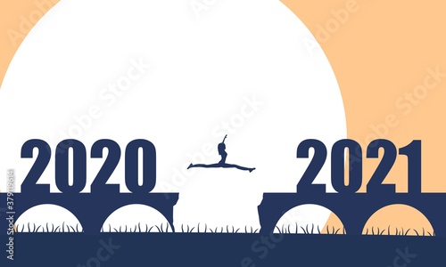 A woman jump between 2020 and 2021 years. Human silhouette jumping over a gap in the bridge