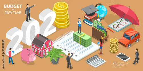 Budget for New 2021 Year, Business or Family Financial Planning. 3D Isometric Flat Vector Conceptual Illustration.