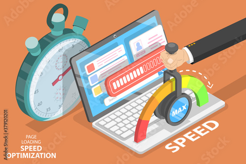Webpage Loading Time Decreasing, Website Speed Optimization and SEO. 3D Isometric Flat Vector Conceptual Illustration.