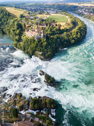 Aerial photography with drone of Rhine Falls with Schloss Laufen castle, Switzerland. Rhine Falls is the largest waterfalls in Europe