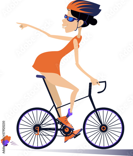 Cartoon young woman rides a bike isolated. Smiling woman in helmet on the bike looking back laughs and points a finger to someone or something
