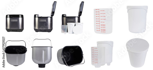 Obraz na płótnie Bread maker isolated on white background. Home, electronic, programmable bread baker and accessories.