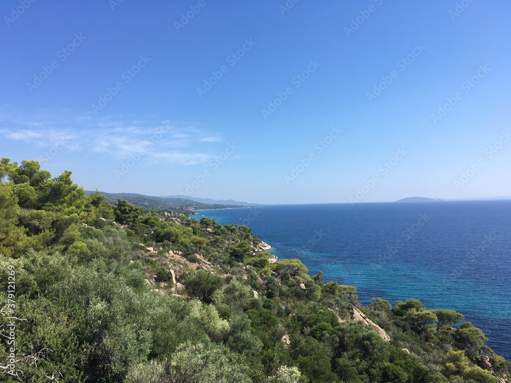 Sunny rock coast in Greece with clear sky with trees on foreground