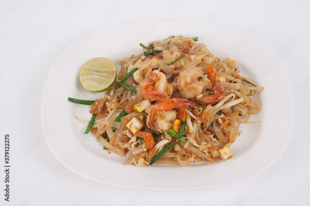 shrimp pad thai on white background