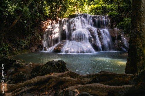 Huai Mae Khamin Waterfall   Landscape tropical rainforest at Srinakarin Dam  Kanchanaburi  Thailand.Huai Mae Khamin Waterfall is the most beautiful waterfall in Thailand. Unseen Thailand