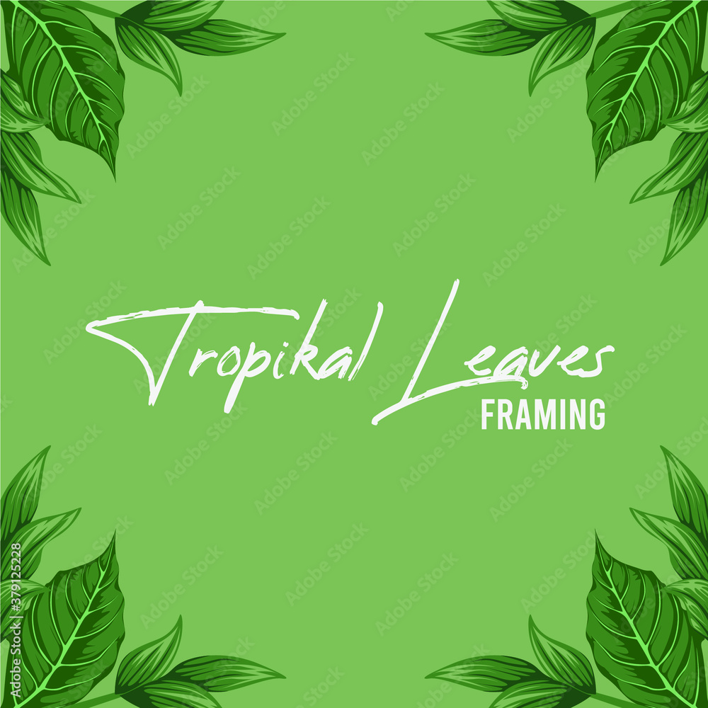 Inspiration Of Flat Design Vector From Background With Tropical Green Leaves Themed For Decoration On Inner Frame For Your Creative Typography Creations. Inspiration Of Flat Design Vector From Background With Tropical Green Leaves Themed For Decoration On Inner Frame For Your Creative Typography Creations.