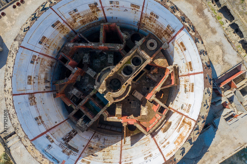 An unfinished nuclear power plant. Top view of the nuclear reactor. Shooting from the don.