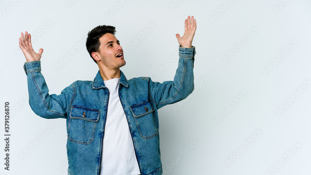 Young caucasian man isolated on white background screaming to the sky, looking up, frustrated. Young caucasian man isolated on white background screaming to the sky, looking up, frustrated.