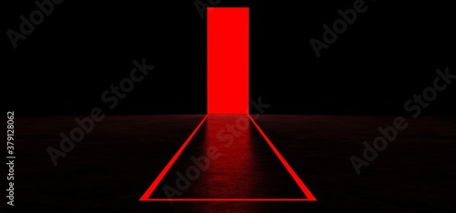 A glowing red line forms a path and portal in the dark space. The frame is glowing red in the dark space. 3D Render. © psycoma